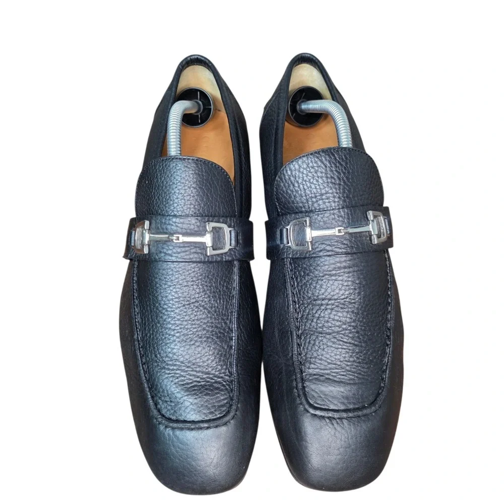 Gucci Mens 8.5 Black Pebble Leather Horsebit Square Toe Slip On Loafer Shoes